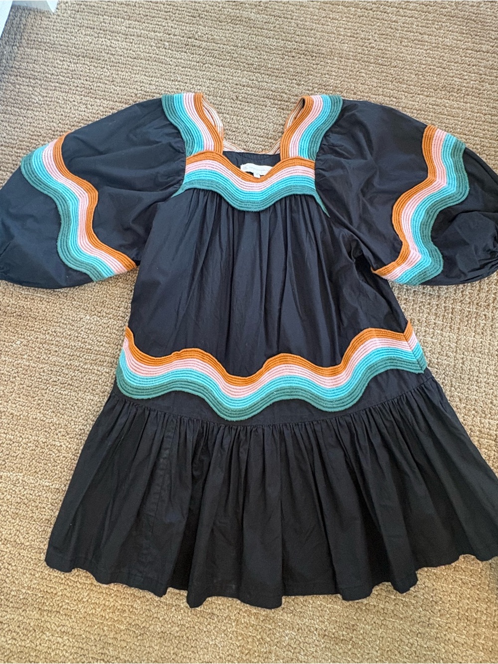 Corey Lynn Calter Black Mini Dress with Turquoise & Orange Wave Trim